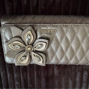 GUESS Quilted Gray Wallet with Floral Accent